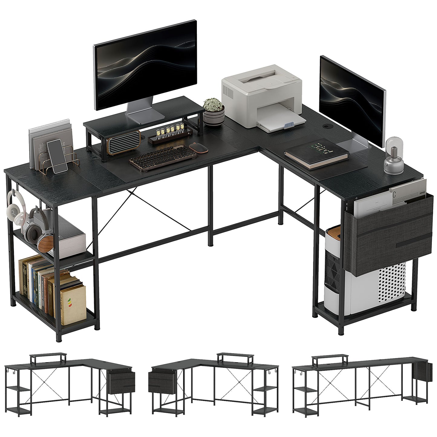 Kadoso 168cm Black Reversible Industrial L Shaped Desk With Adjustable Shelves And Monitor Stand