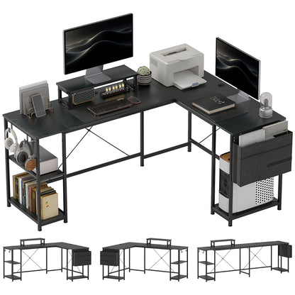 Kadoso 168cm Black Reversible Industrial L Shaped Desk With Adjustable Shelves And Monitor Stand