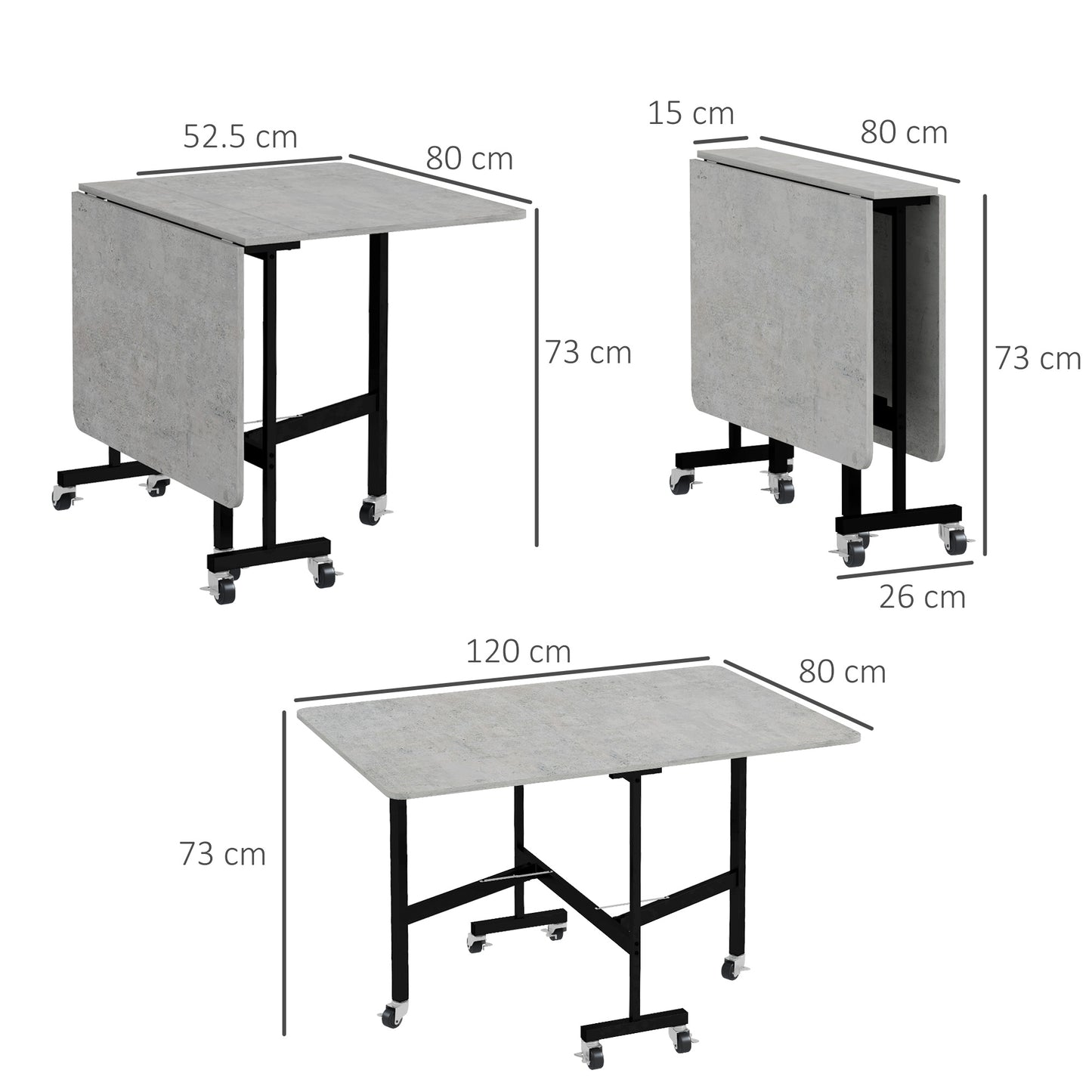 Ritodo Wooden Grey Marble Effect Mobile Drop Leaf Dining Table With Locking Castors