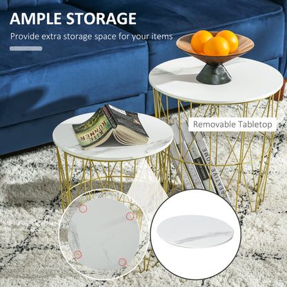 Tokael Metal And Wood White Set Of 2 Round Nesting Side Tables With Storage And Removable Tops