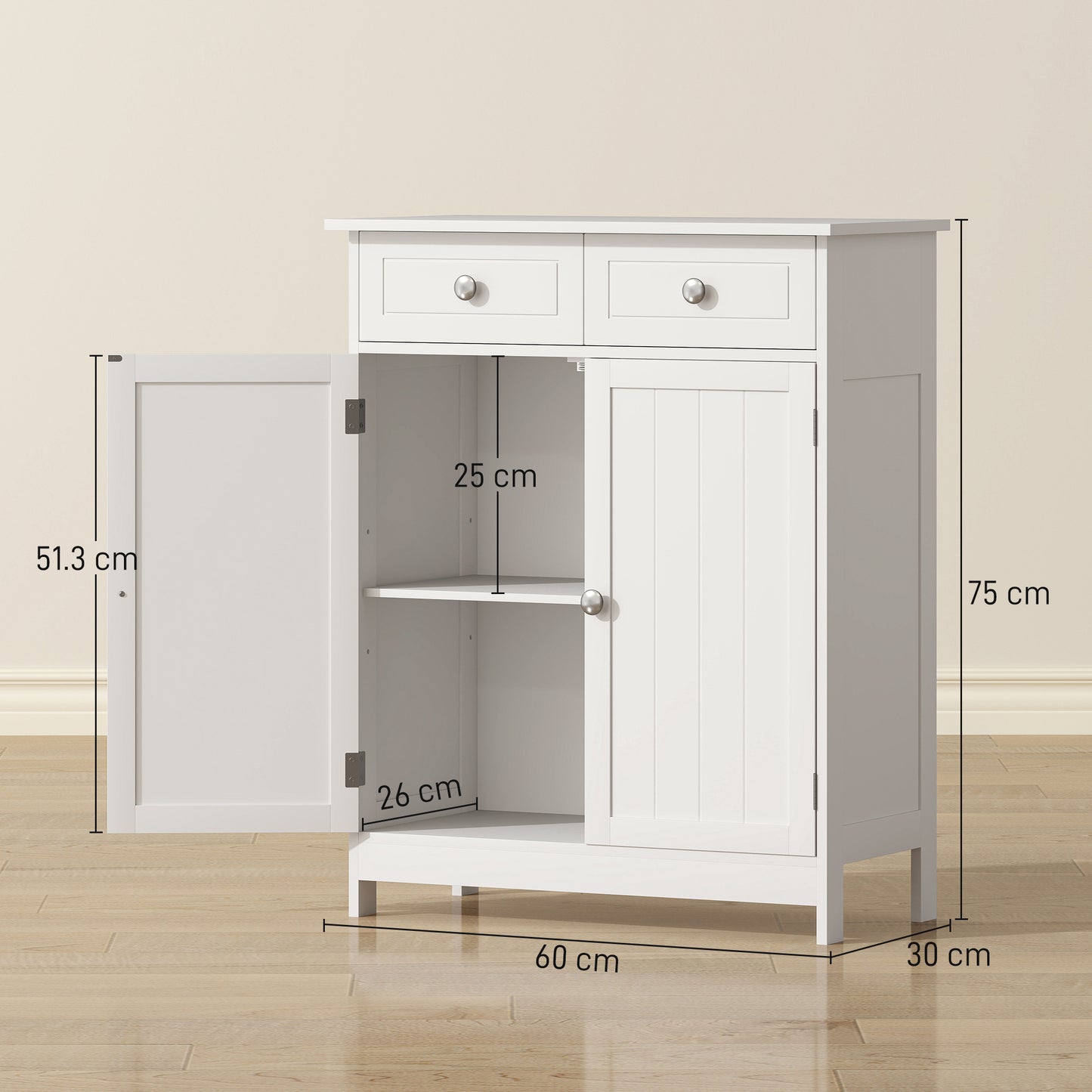 Zilu Freestanding Bathroom Storage Cabinet With 2 Drawers And Cupboard Traditional White Finish 75x60cm