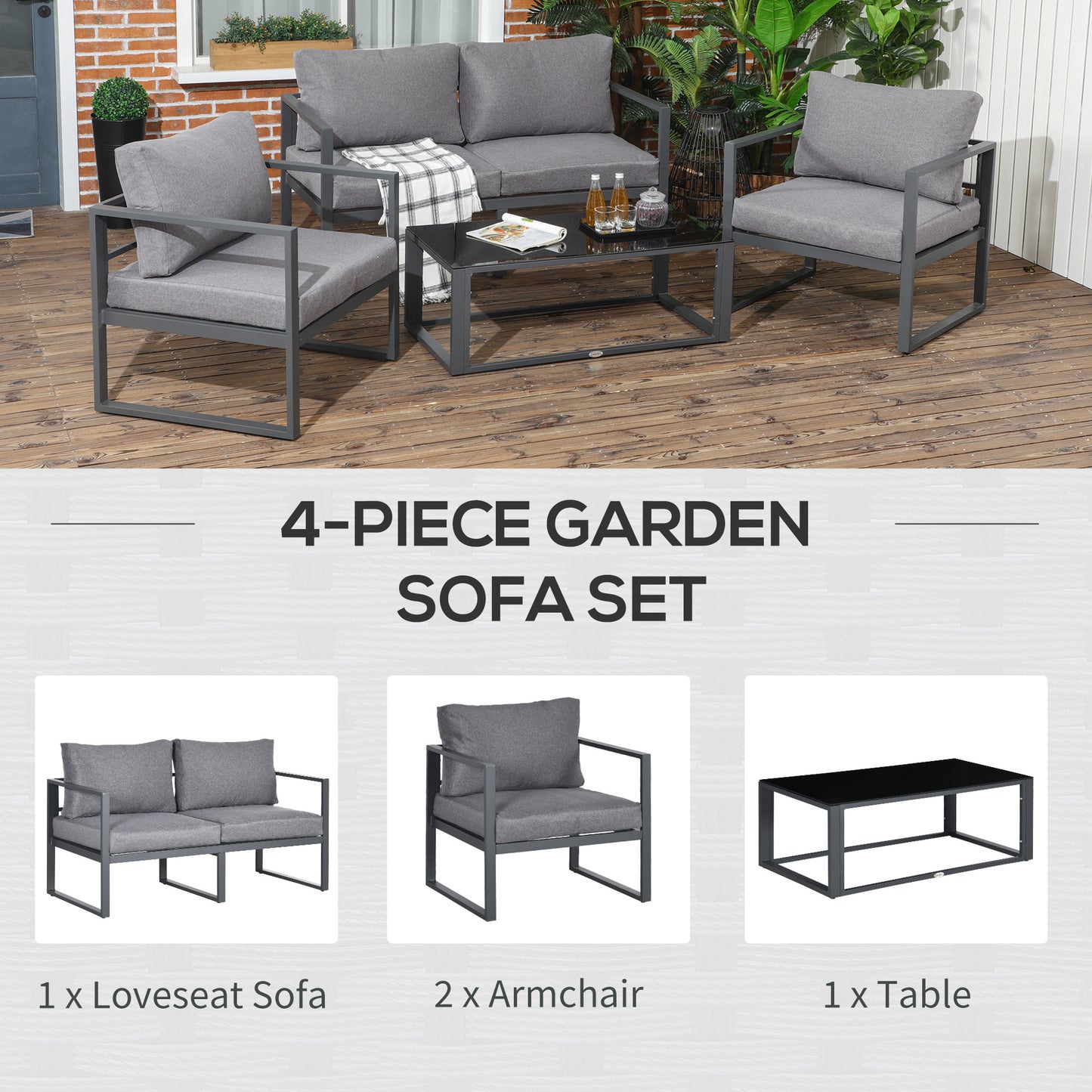 Luro 4 Seater Grey Garden Sofa Set with 2 Armchairs 1 Sofa and 1 Coffee Table Aluminium Frame