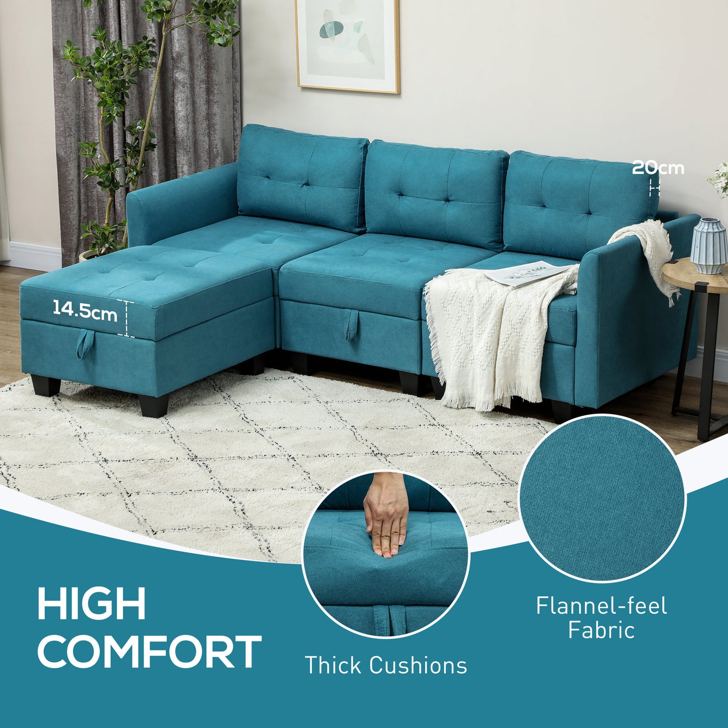 Torono Light Blue Upholstered Modular L Shaped Sofa With Built In Storage