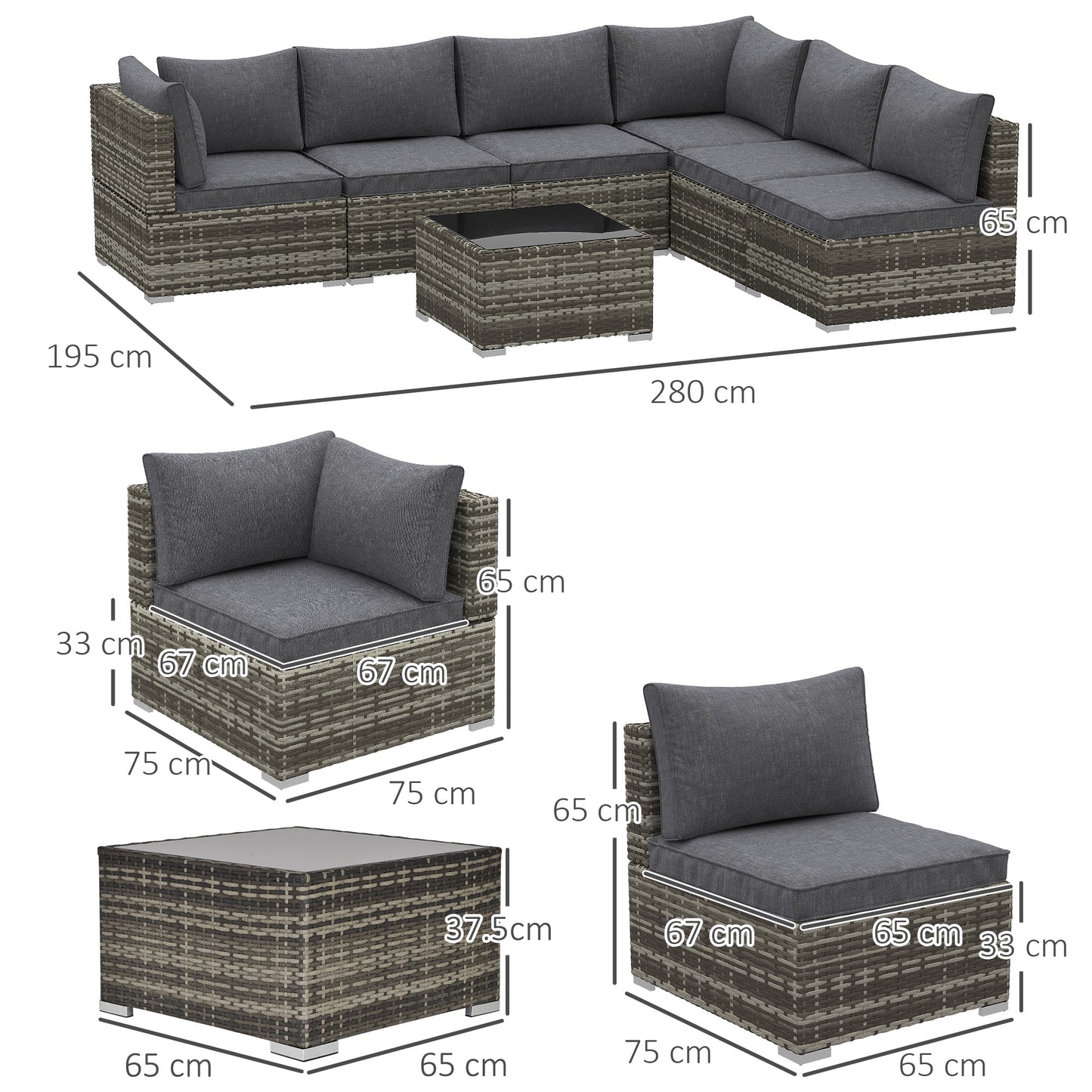 Noneli Dark Grey Rattan 5 Seater Outdoor Corner Sofa Set With Glass Coffee Table