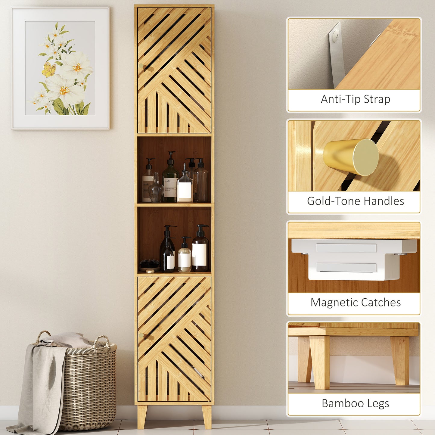 Hami Bathroom Storage Cabinet With Bamboo Door And Multi Storage Layout Natural Finish