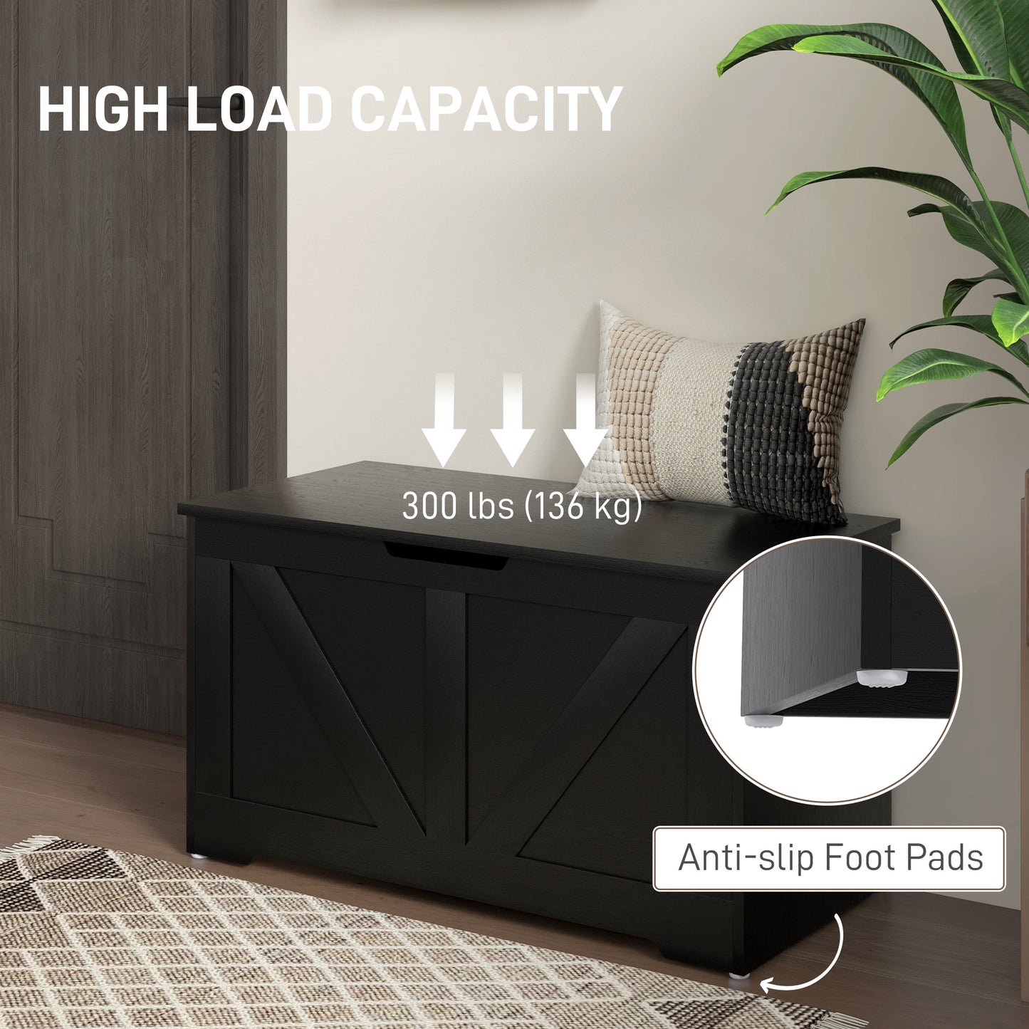 Kamari Black Wood Farmhouse Storage Chest Safety Hinges 100 Litre