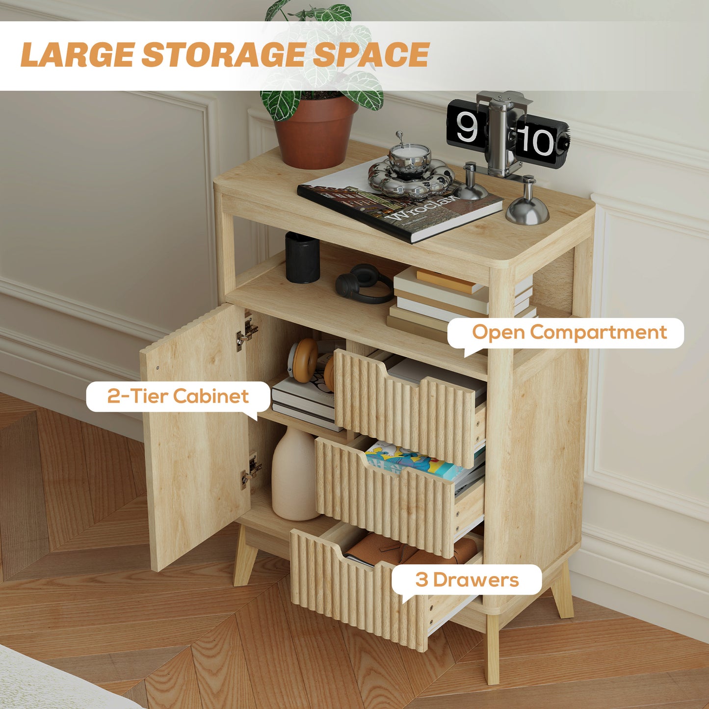 Cova Vira Natural Wood Sideboard 3 Drawers And Adjustable Interior Shelving