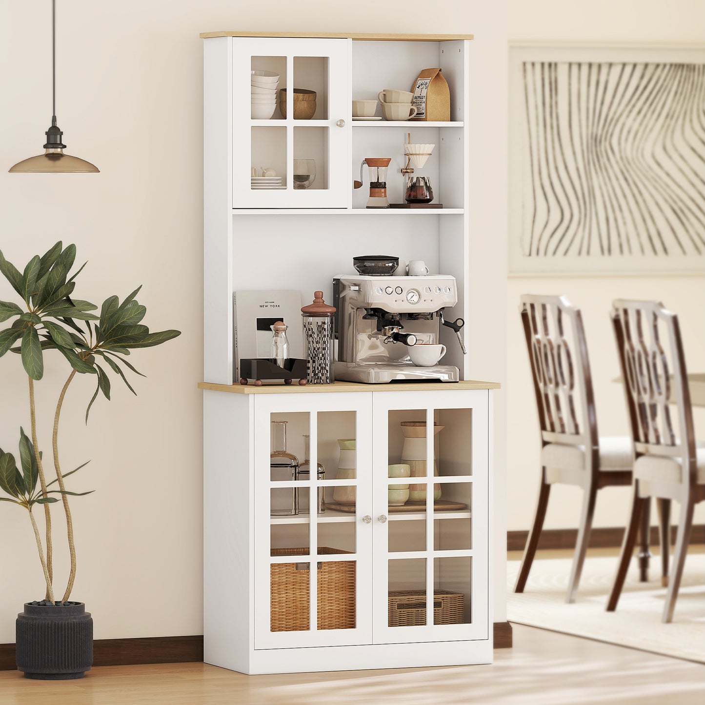 Somire Wooden White Kitchen Storage Cabinet With Glass Doors Countertop And Adjustable Shelves