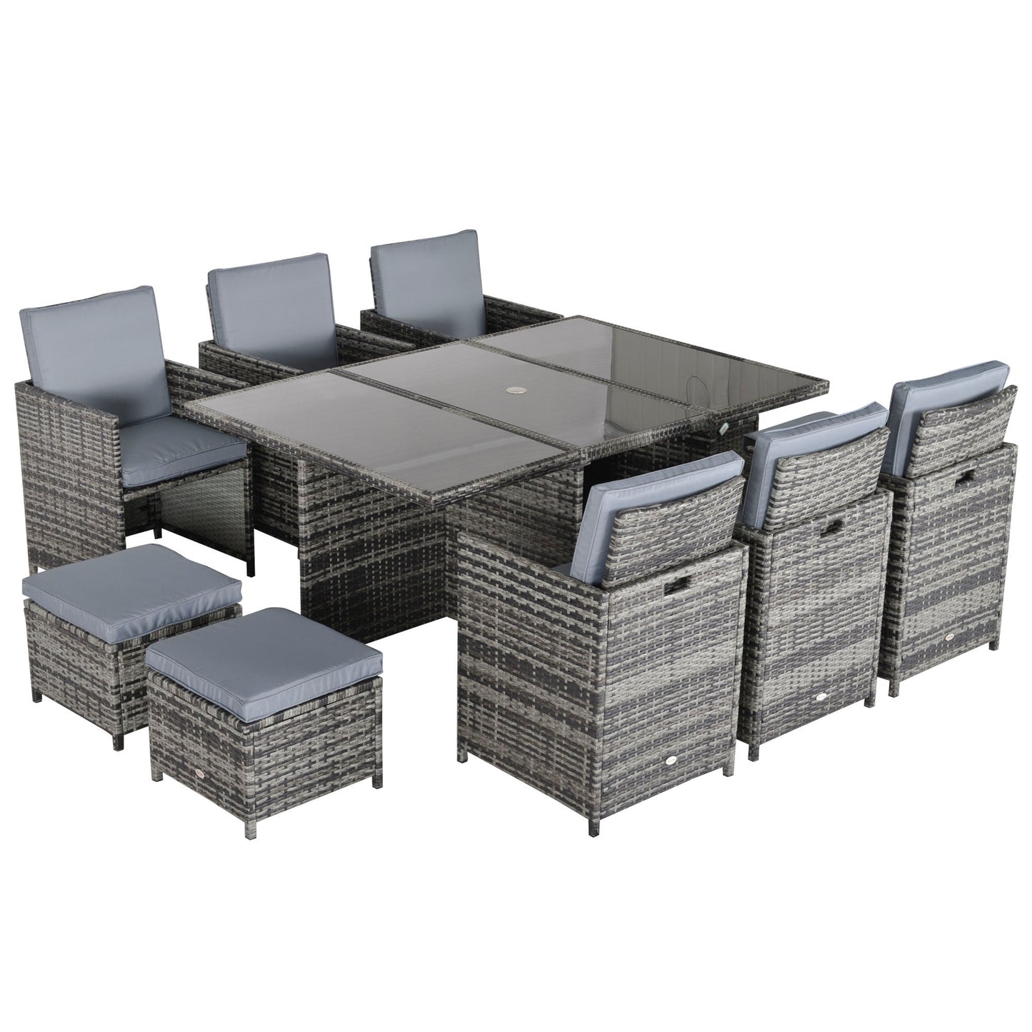 Tasuke Rattan Grey 10 Seater Cube Garden Dining Set With Cushions And Rectangular Glass Table