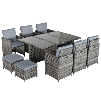 Tasuke Rattan Grey 10 Seater Cube Garden Dining Set With Cushions And Rectangular Glass Table
