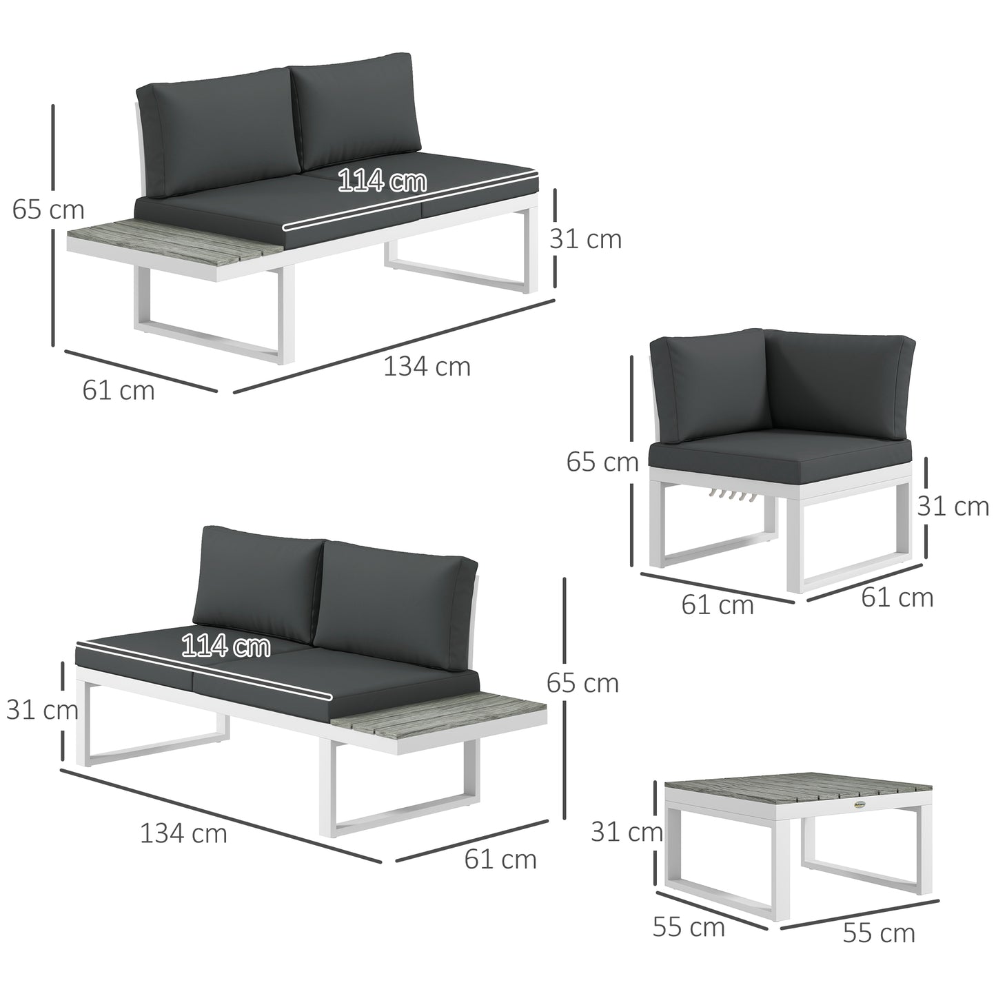 Vayo Metal White Frame 5 Seater Reclining Corner Garden Sofa Set With Wood Effect Table And Grey Cushions