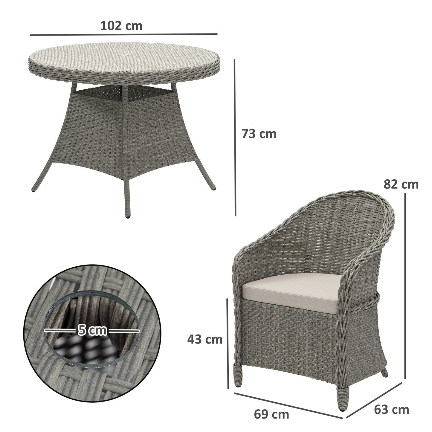 Sepa Rattan Grey 4 Seater Outdoor Dining Set With Cushions And Glass Top Table With Parasol Hole