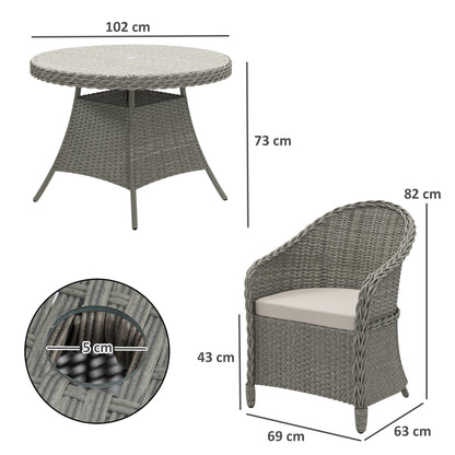 Sepa Rattan Grey 4 Seater Outdoor Dining Set With Cushions And Glass Top Table With Parasol Hole