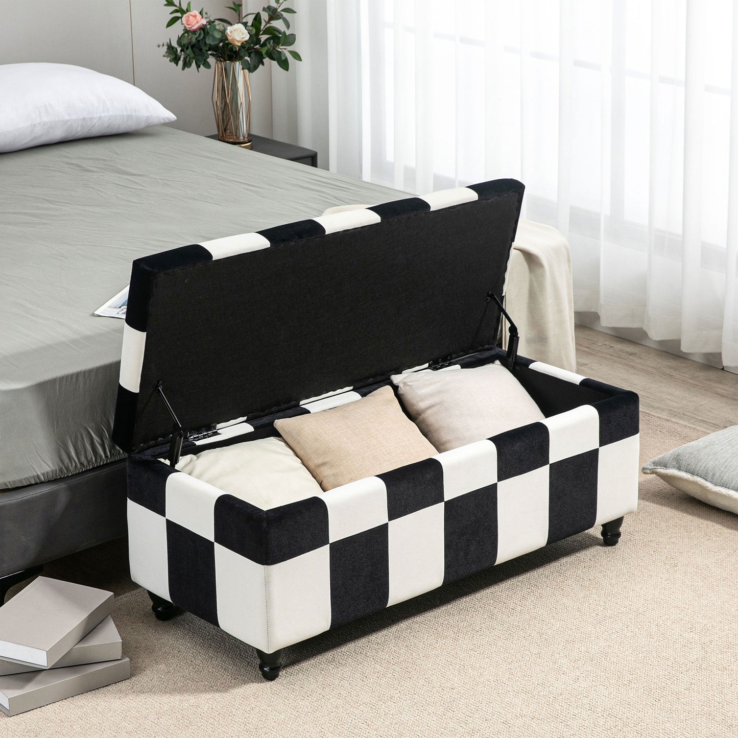 Tava Velvet Black and White Storage Bench With Wooden Legs For Bedroom