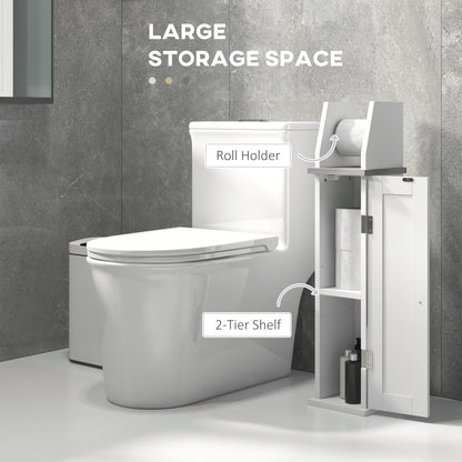 Semike Slim Bathroom Floor Storage Cabinet With Toilet Roll Holder Cupboard And Adjustable Shelving White