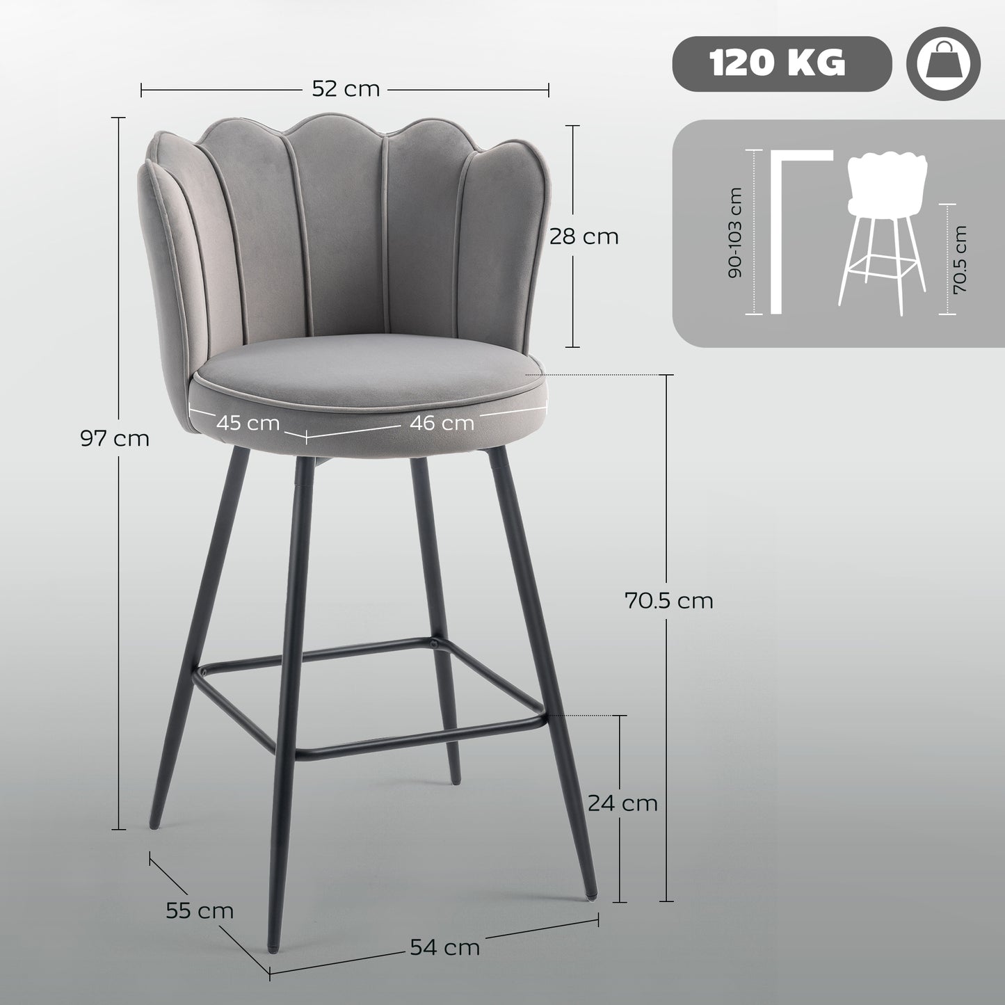 Ramette Velvet Grey Lotus Style Bar Stools Set Of 2 With Sculpted Seat