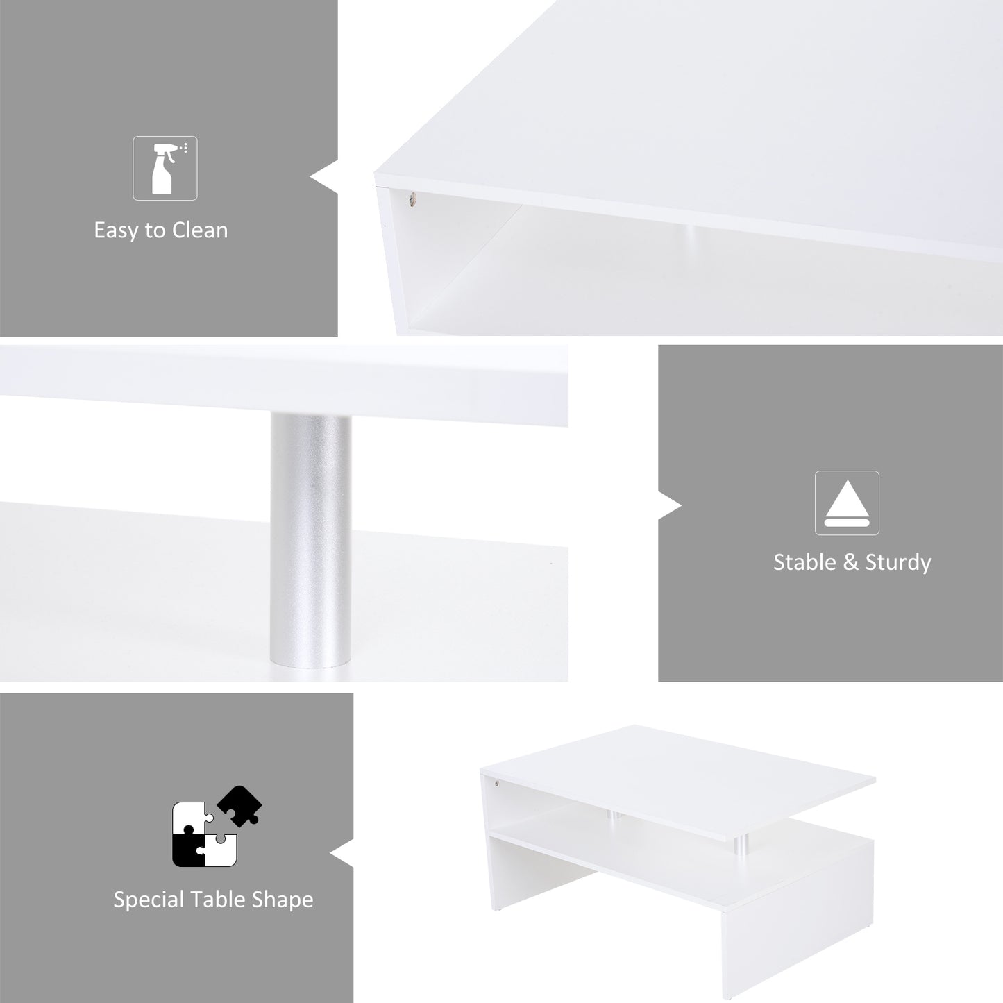 Vifama Wooden White 2 Tier Coffee Table With Open Shelving And Aluminium Supports