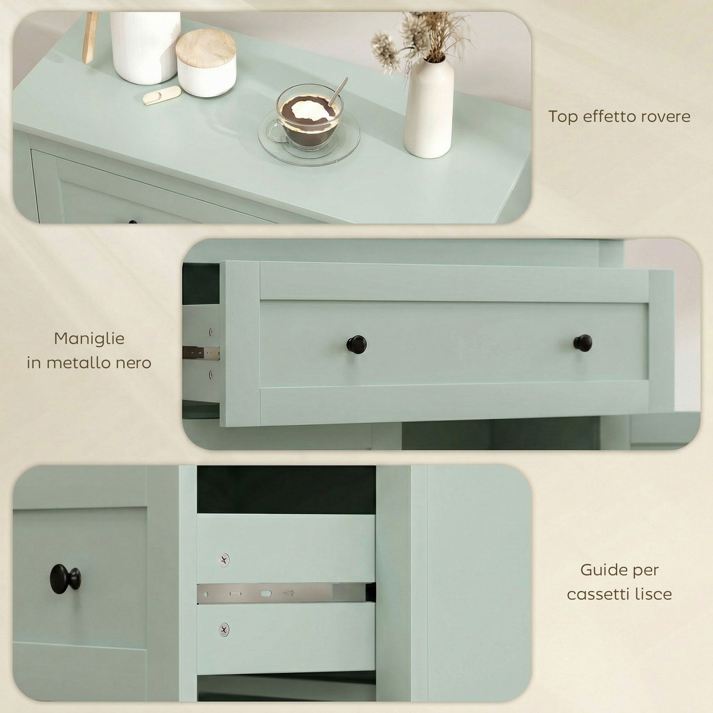 Luhaso Wooden Green Modern Sideboard With Drawers Adjustable Shelves And Double Doors