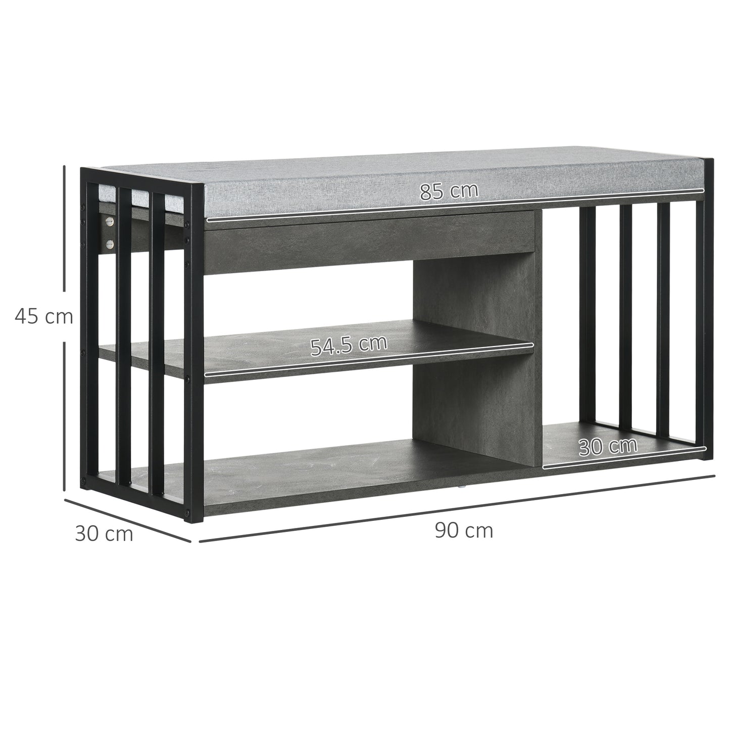 Vifava Neyo Grey Wood and Black Metal Upholstered Entryway Shoe Bench With 3 Shelves