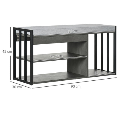 Vifava Neyo Grey Wood and Black Metal Upholstered Entryway Shoe Bench With 3 Shelves