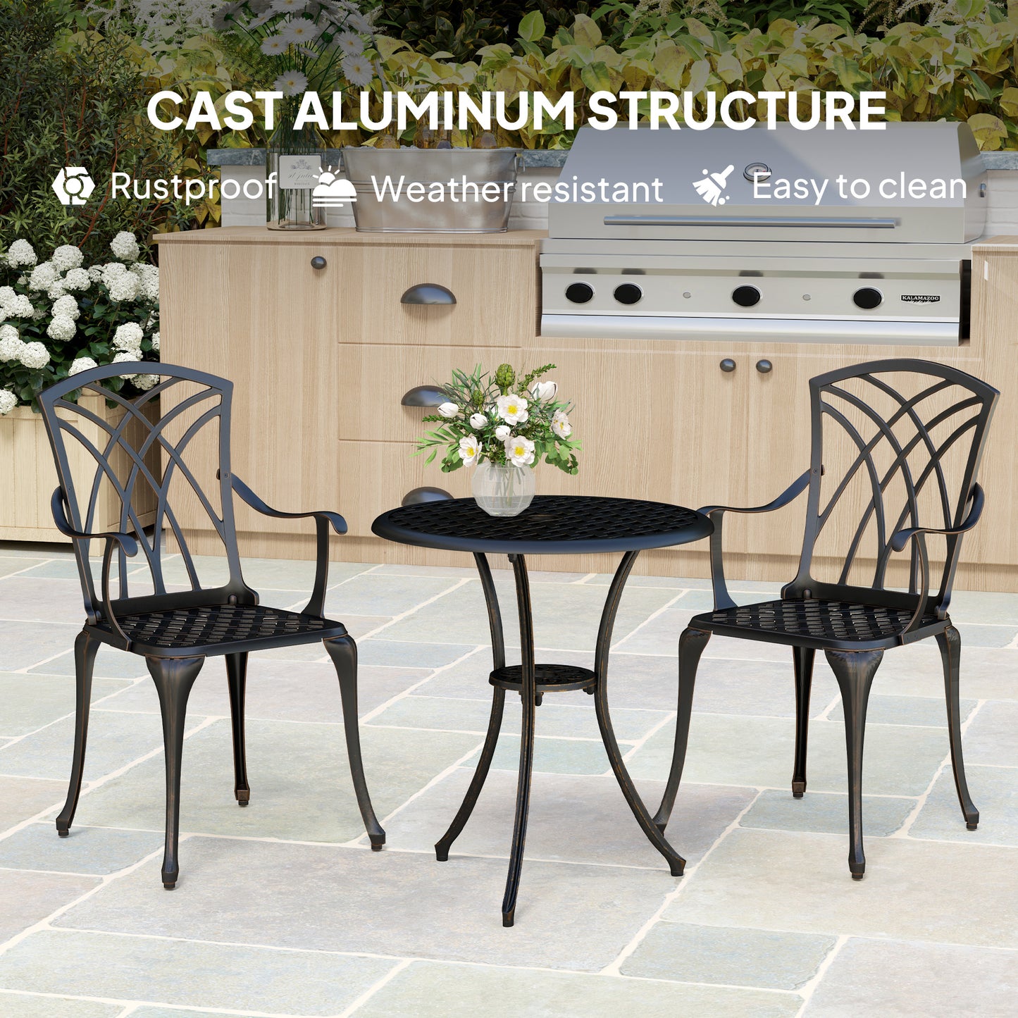 Haloco Cast Aluminium Bronze Tone 3 Piece Garden Bistro Set With Armchairs And Round Table