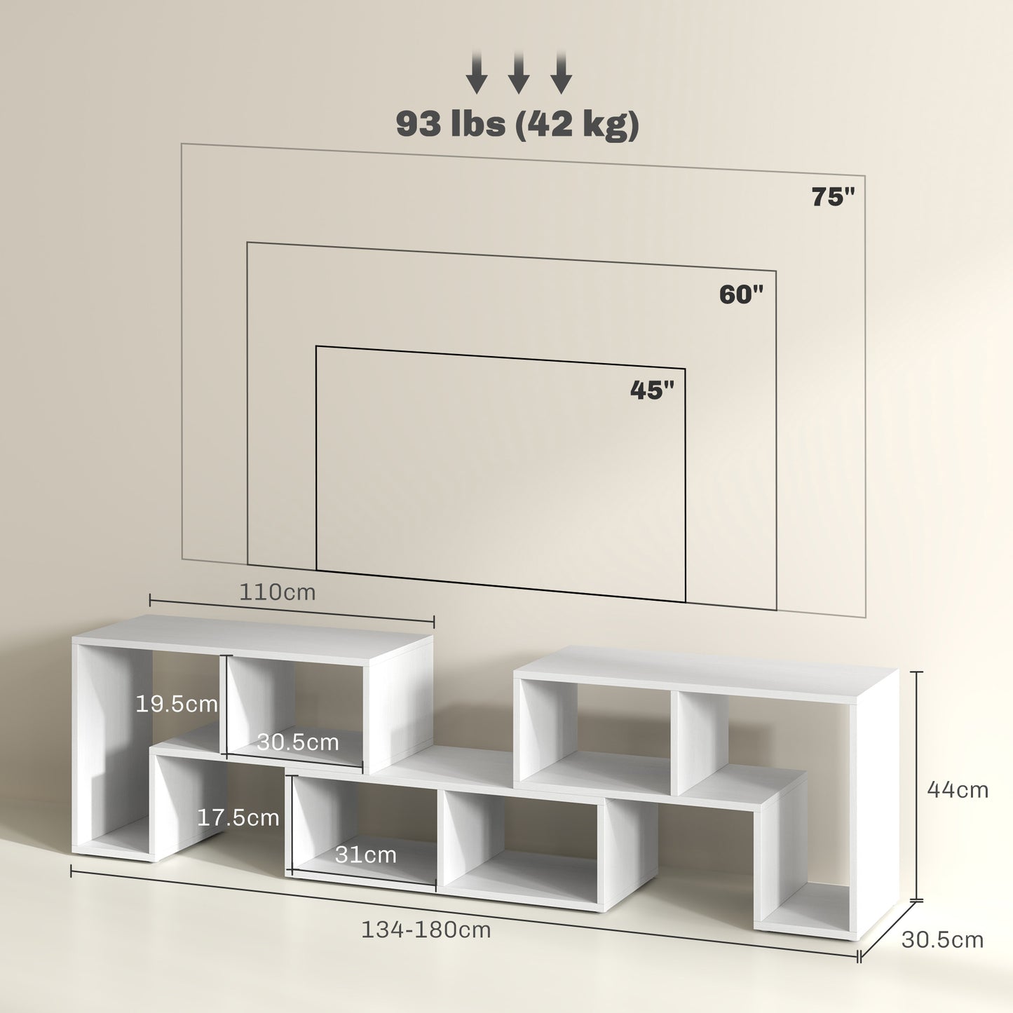 Tota 134cm White Wood Effect 3 Block Modular TV Stand