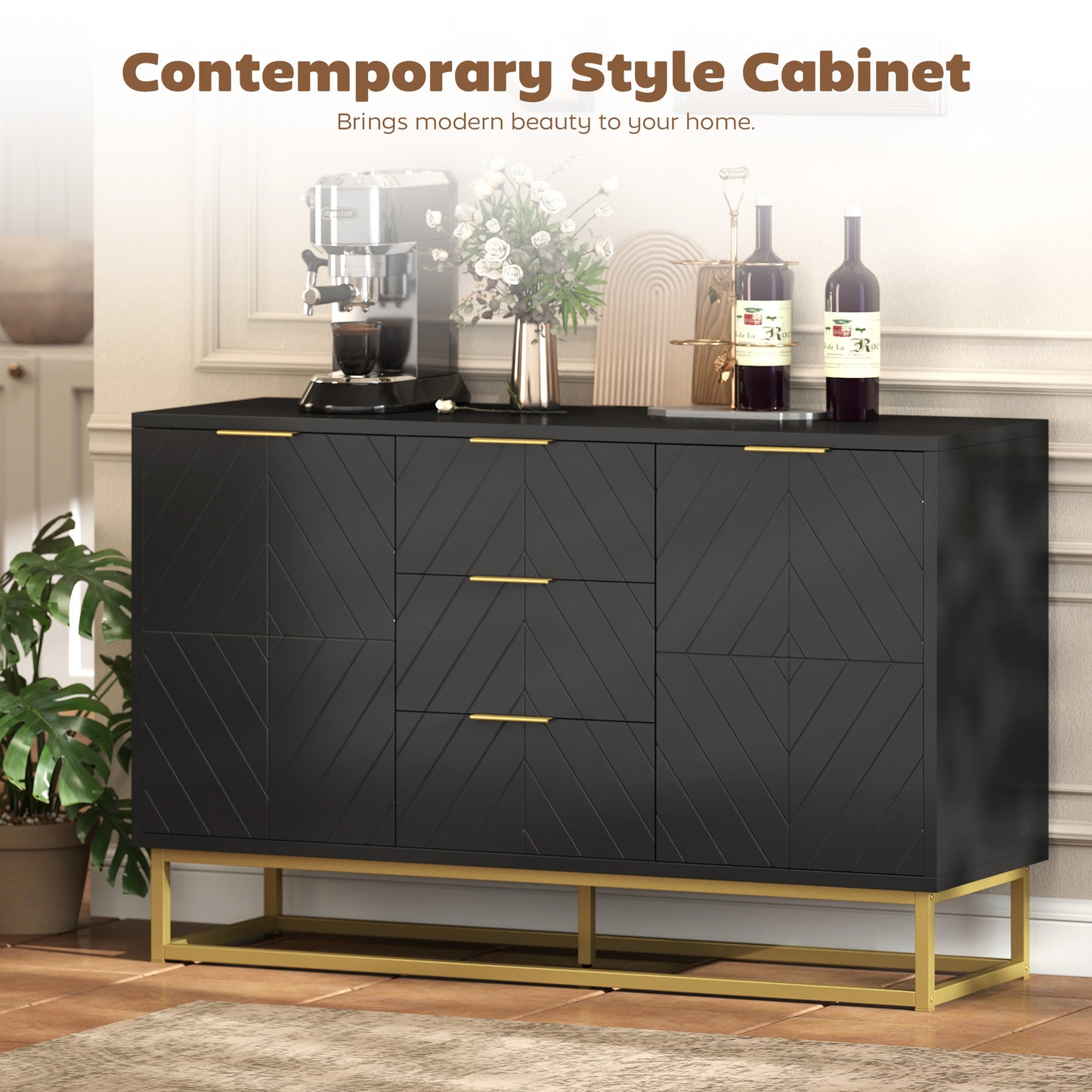Varase Black Sideboard 3 Drawers 2 Doors Gold Accents