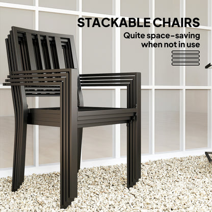 Nonilu Metal Black and Cream 4 Seater Garden Dining Set With Cushions Stackable Chairs and Parasol Hole