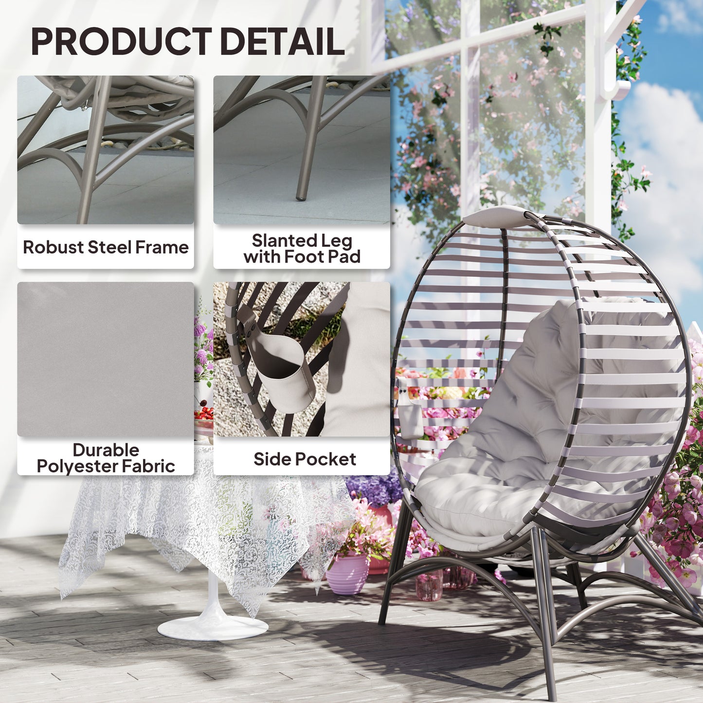 Lenika Oversized Rattan Light Grey Egg Chair With Cushion And Side Storage Pocket