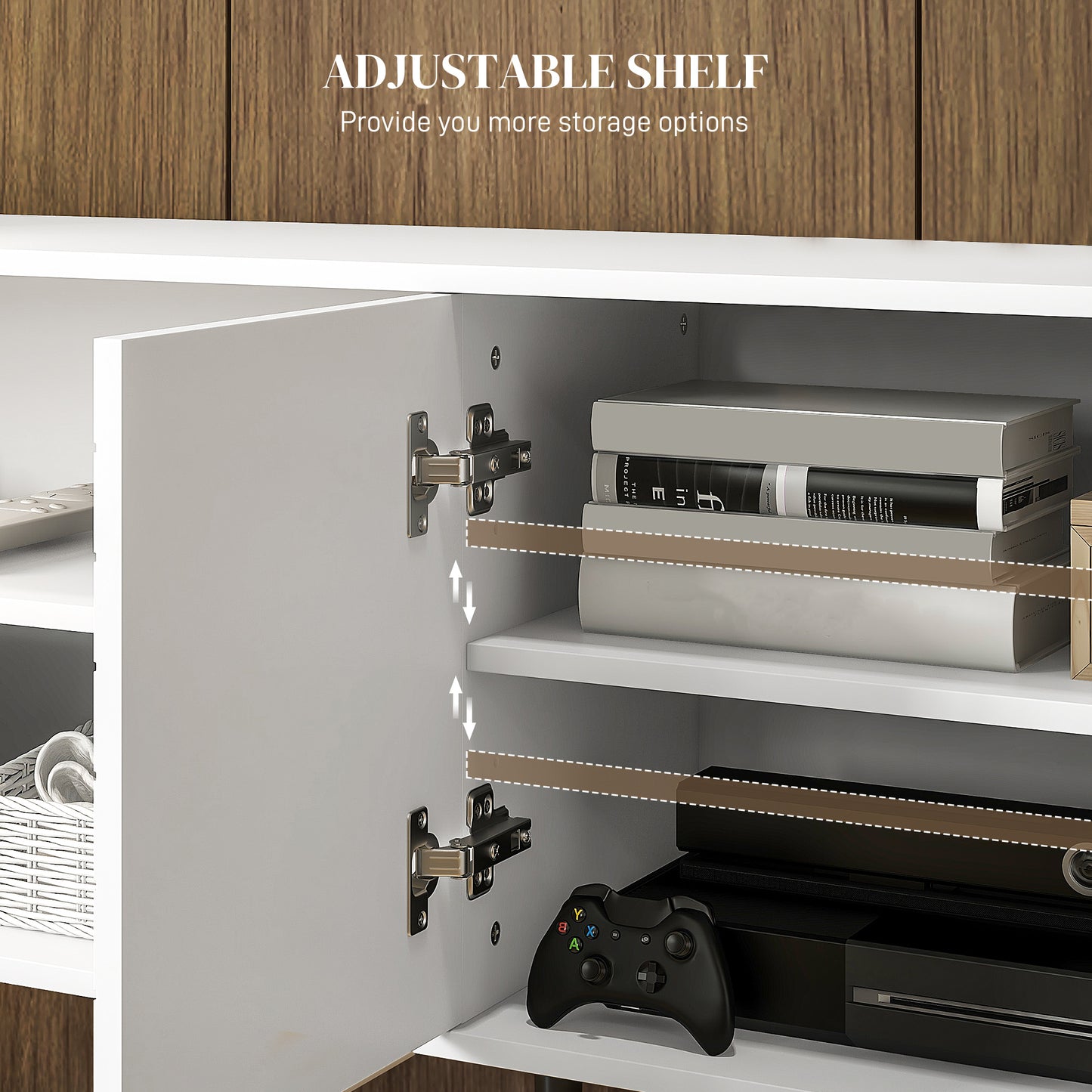 Lare 145cm Wooden White TV Unit With Stripe Doors Open Shelves And Wooden Legs