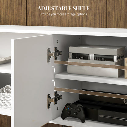 Lare 145cm Wooden White TV Unit With Stripe Doors Open Shelves And Wooden Legs