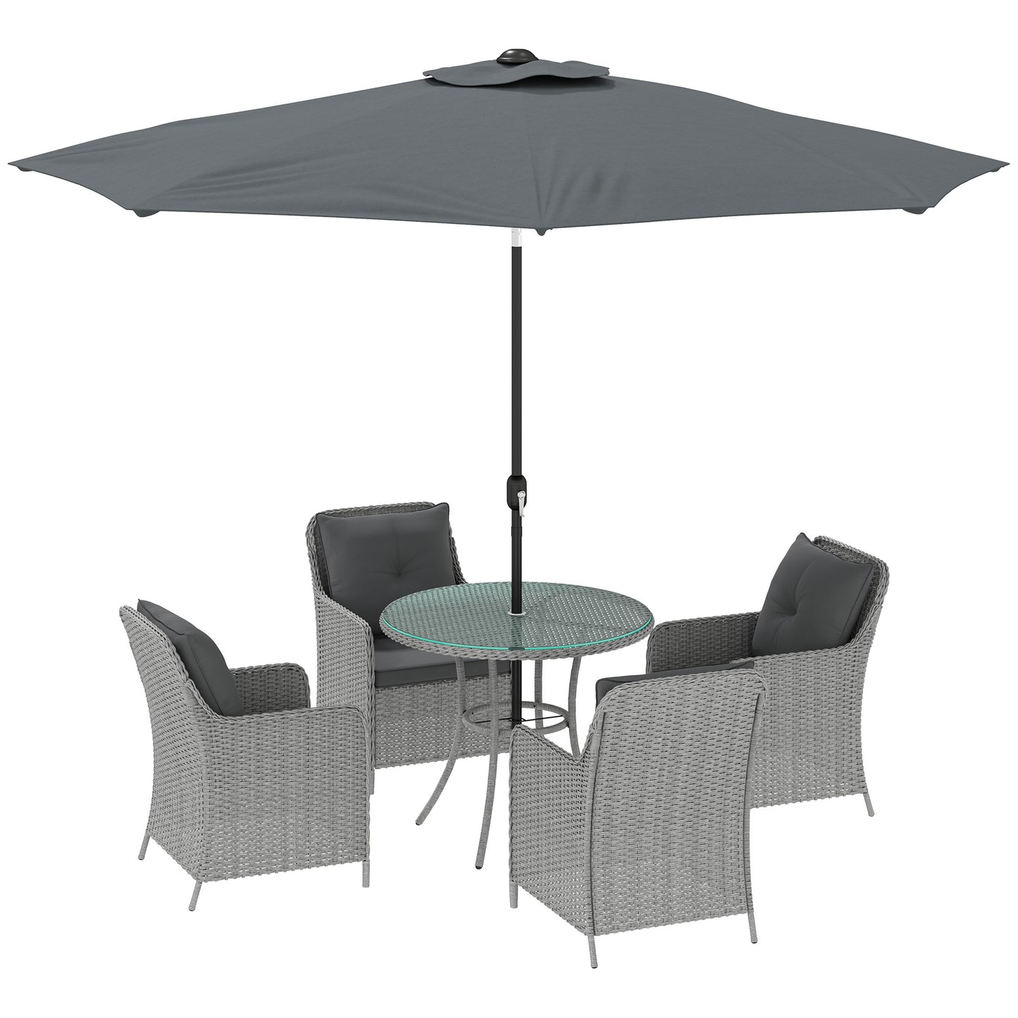 Hasa Rattan Light Grey 4 Seater Outdoor Dining Set With Cushions And Parasol