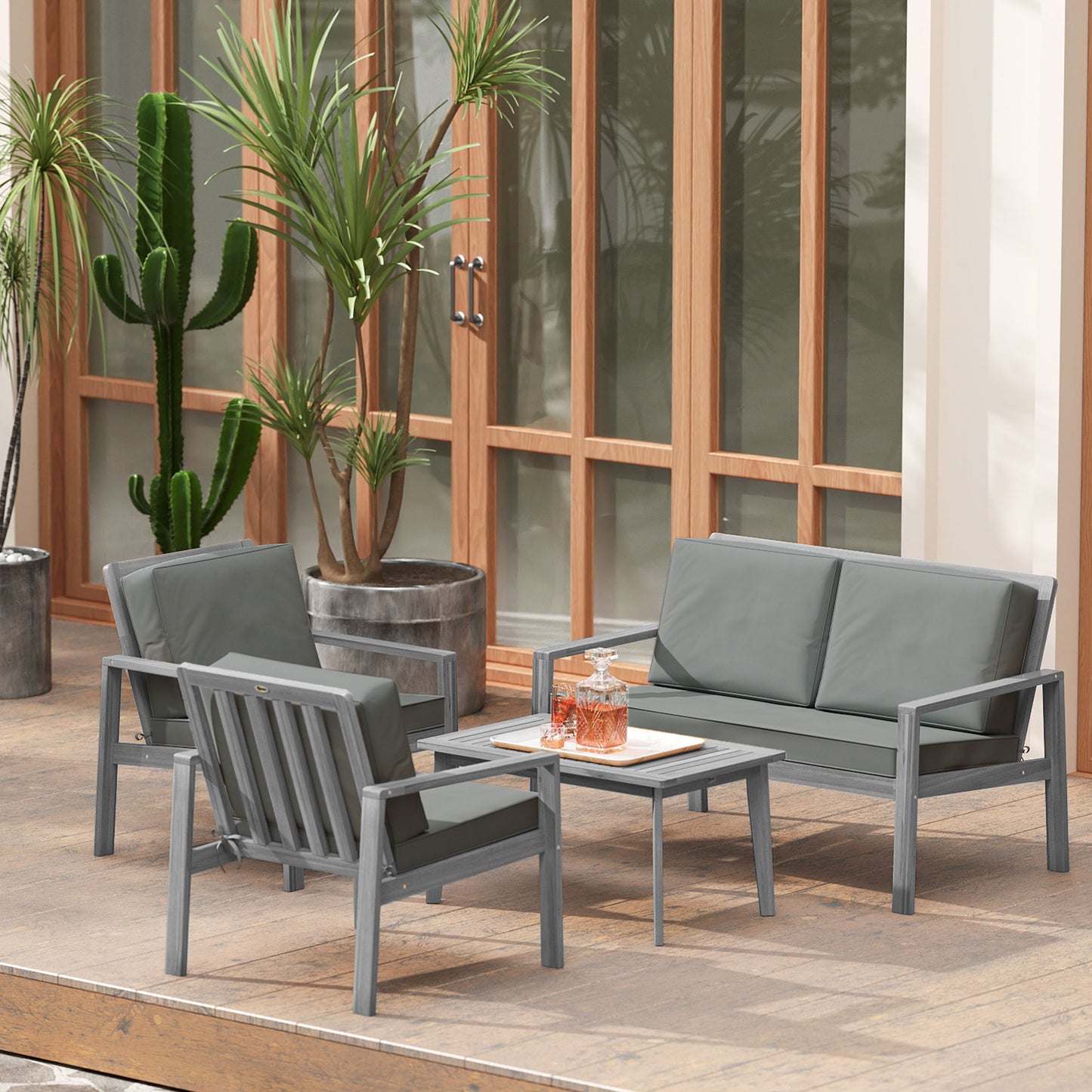 Nabatove Grey Wood 4 Seater Outdoor Garden Furniture Set With Cushions