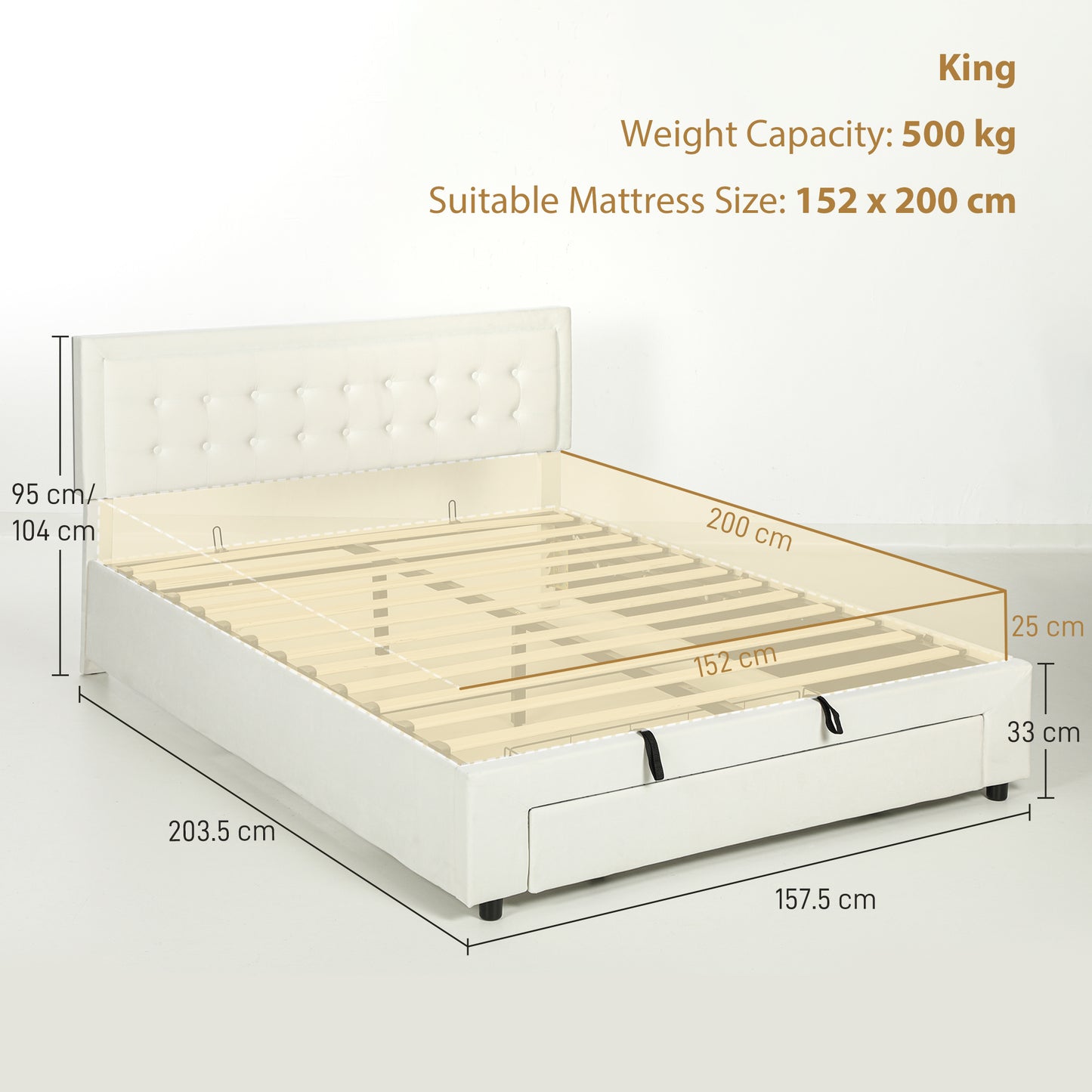 Zina 5FT King Size Ottoman Bed Frame with Front Divan Drawer Storage Cream