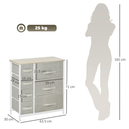 Lireta White Metal And Grey Fabric 7 Drawer Storage Chest with Natural Wooden Top