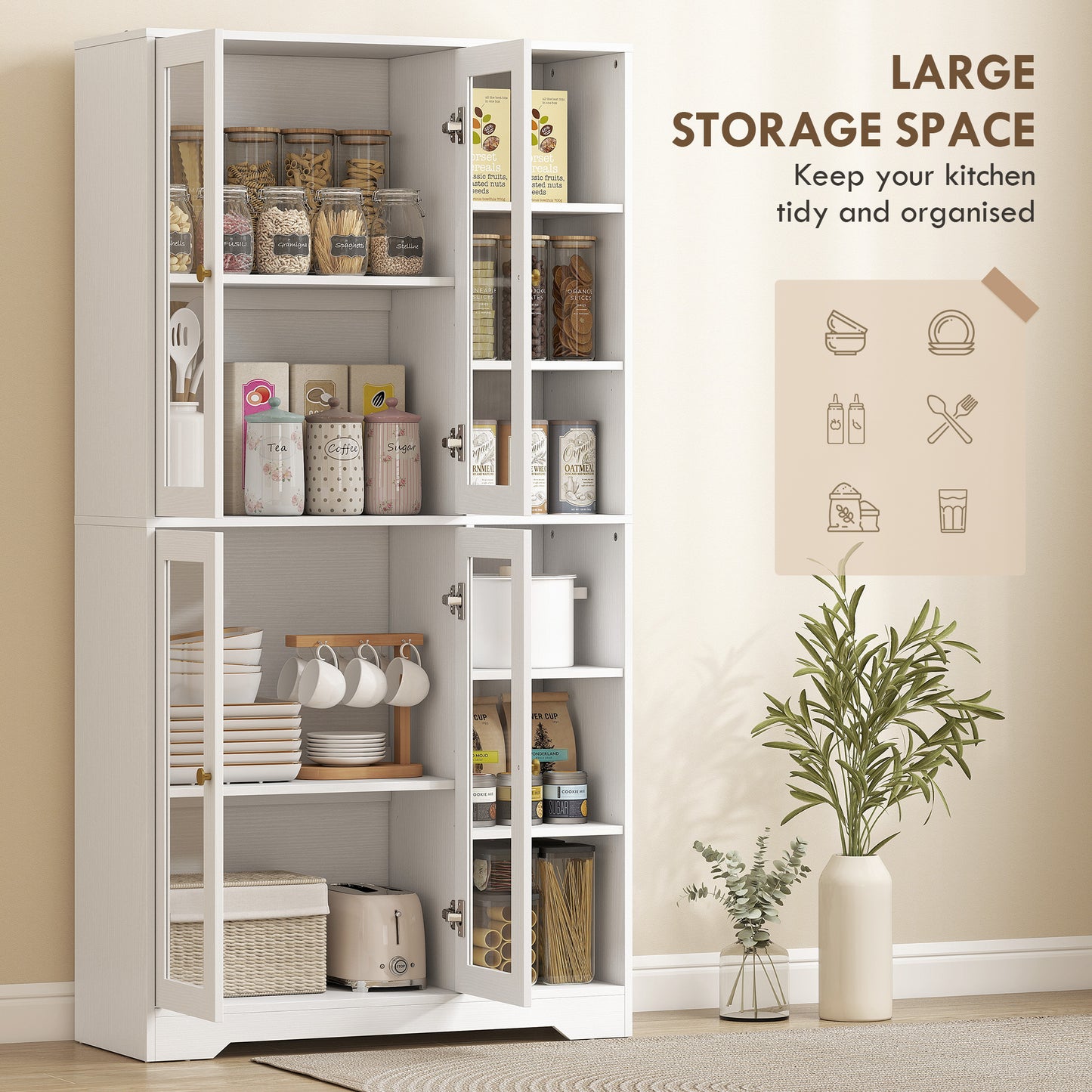 Samalo Wooden White Wood Effect Kitchen Storage Cabinet With Glass Doors