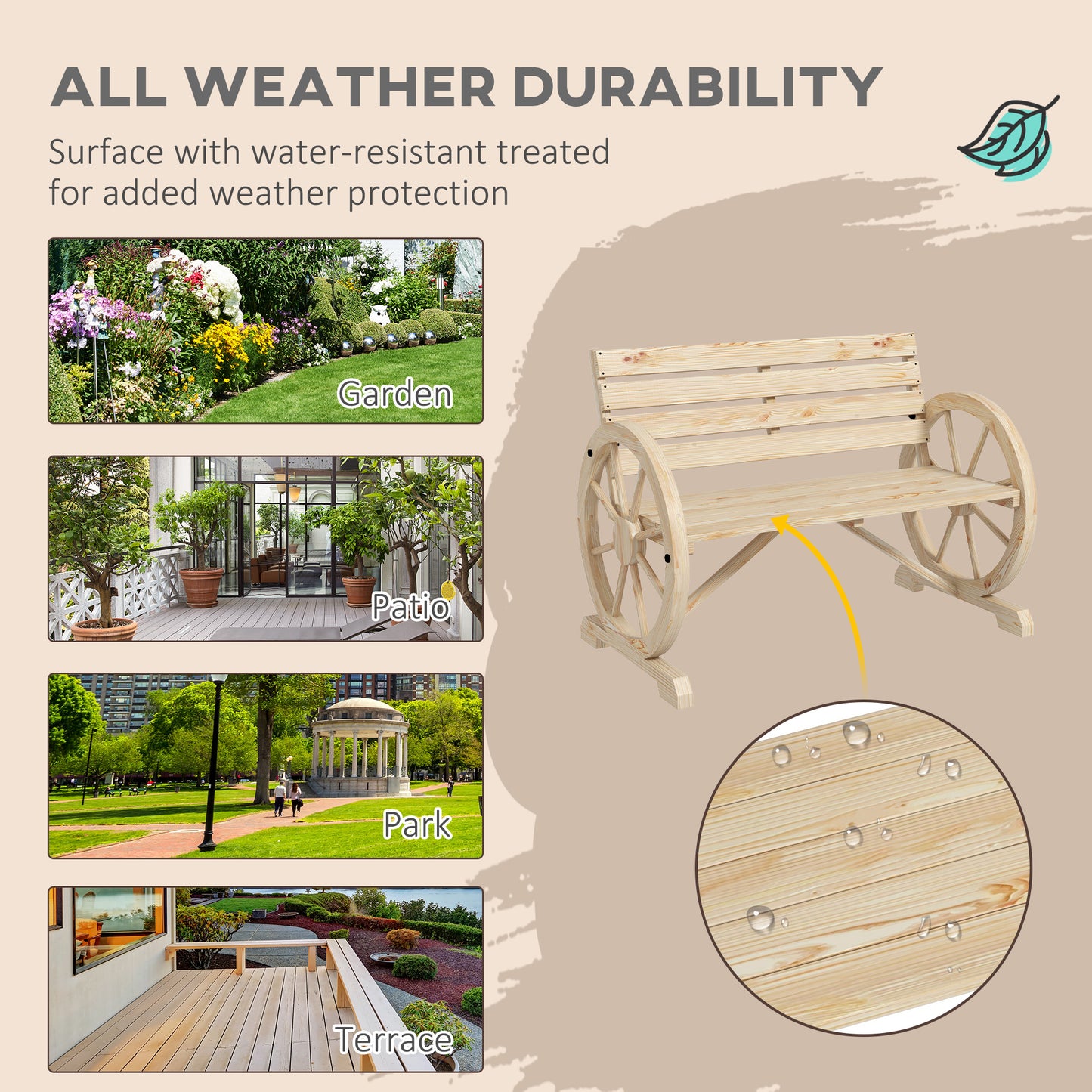 Hata Zilu Wood Natural Rustic Wagon Wheel Style Garden Bench With Armrests