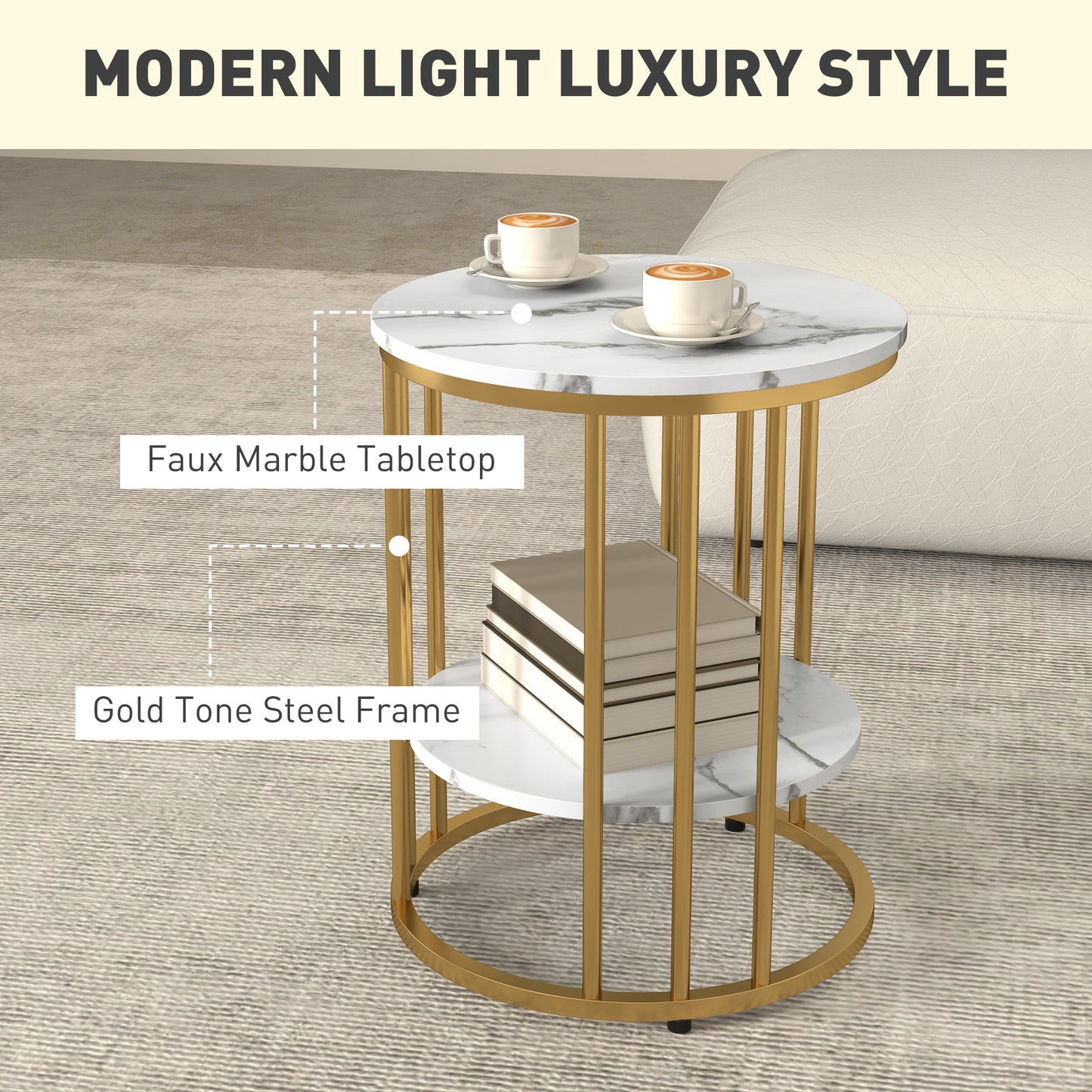 Veco Metal And Marble Effect White And Gold Tone Set Of 2 Coffee Tables