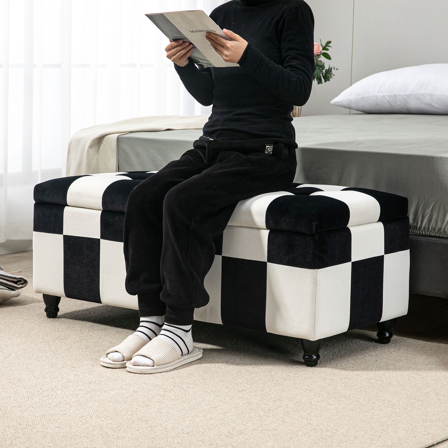 Tava Velvet Black and White Storage Bench With Wooden Legs For Bedroom