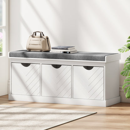 Reco Nolu Wooden White 3 Drawer Shoe Bench With Grey Padded Seat
