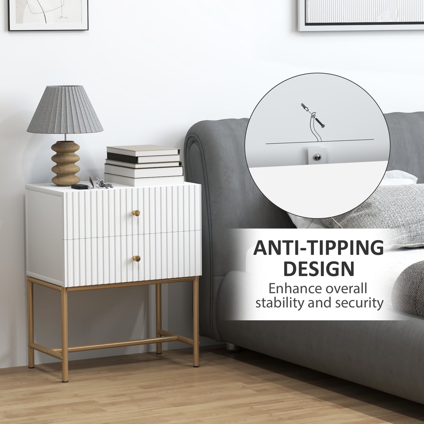 Lelu Rata White and Gold Elegant 2 Drawer Ribbed Bedside Table