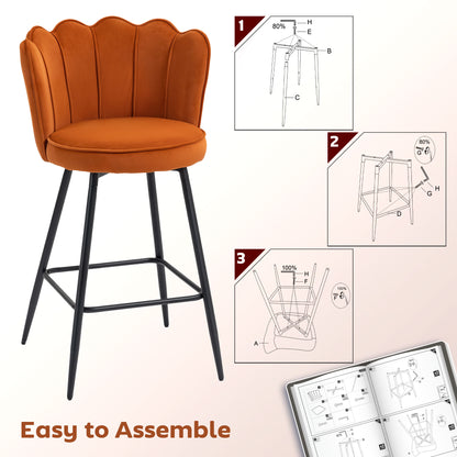 Nivi Set Of 2 Orange Velvet Upholstered Lotus Design Bar Stools
