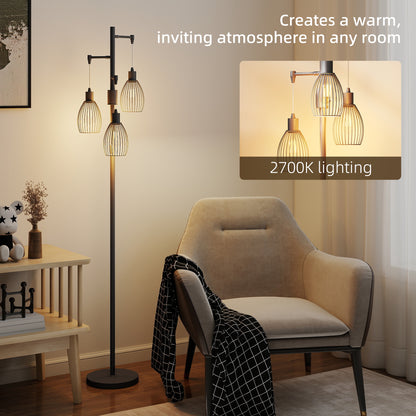Tane Metal Black Industrial 3 Light LED Floor Lamp With Wire Cage Shades