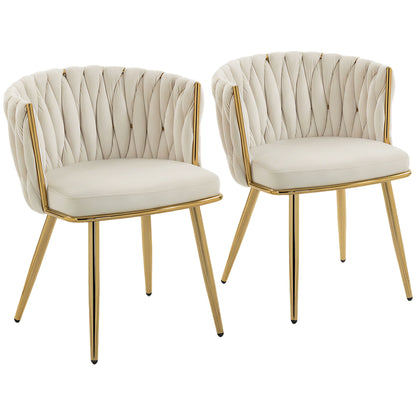 Sosura Set Of 2 Cream Velvet Upholstered Dining Chairs With Woven Back And Armrests