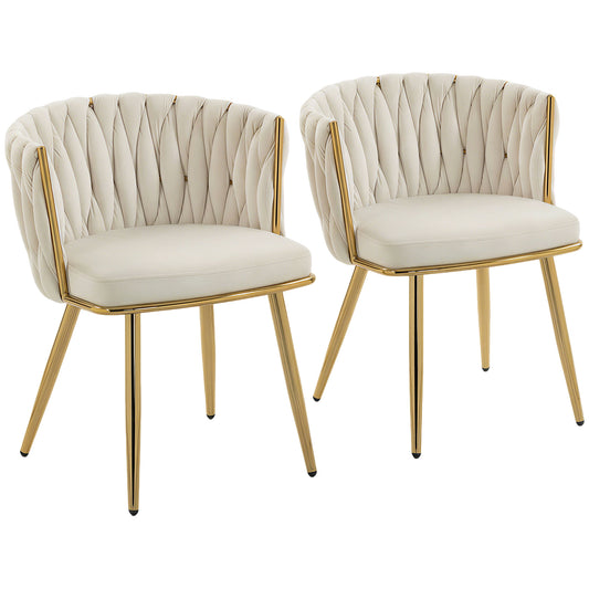 Ratone Set Of 2 Cream Velvet Upholstered Dining Chairs With Woven Back And Armrests