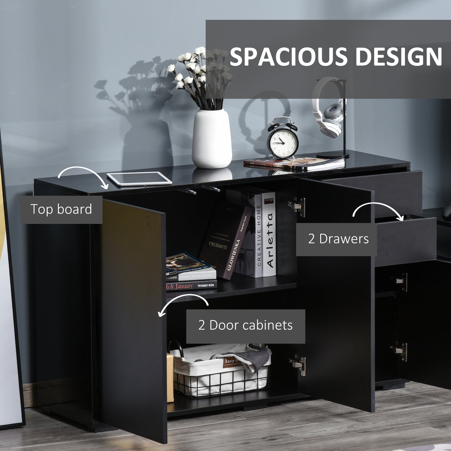 Lino High Gloss Black Sideboard With Push Drawers And 3 Doors