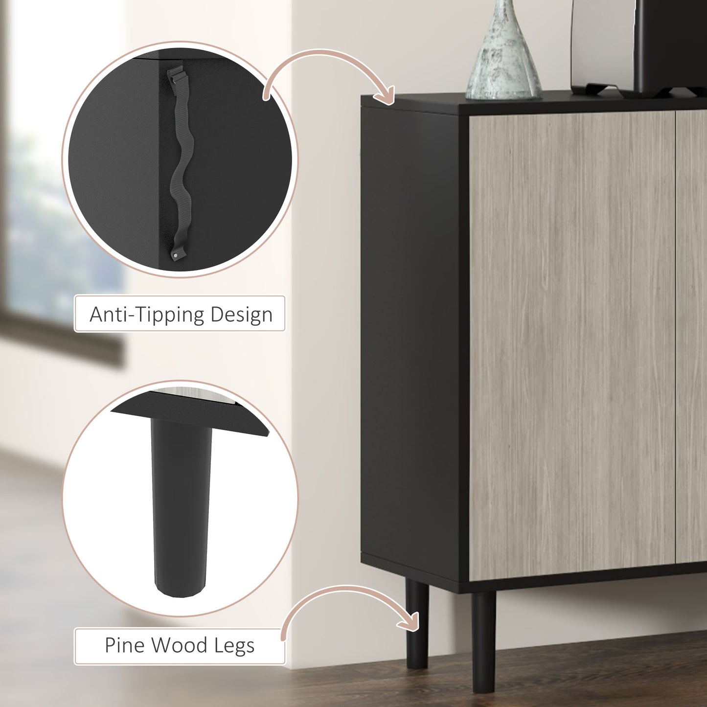 Vepamo Neutral Black and Grey Sideboard 4 Doors 2 Shelves
