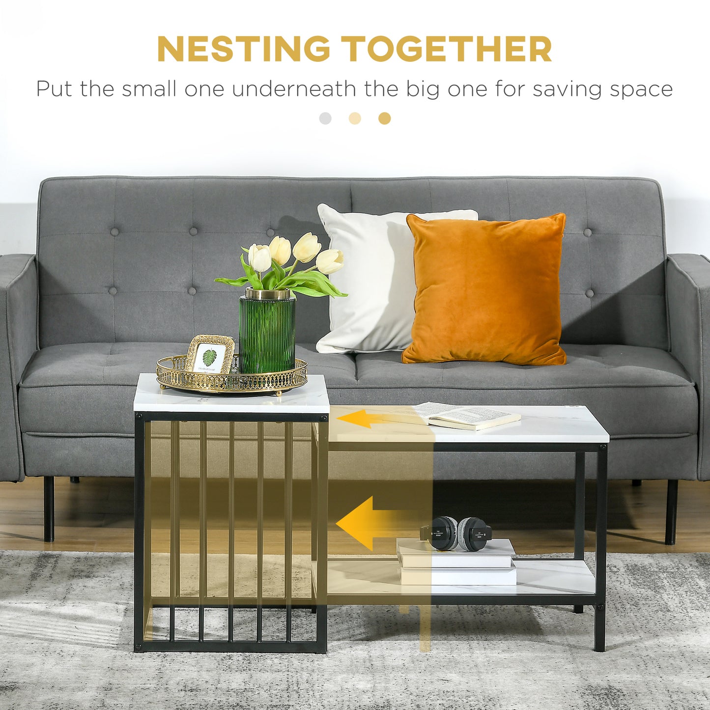 Yoloba Metal And Wood White And Black Set Of 2 Marble Effect Nesting Coffee Tables