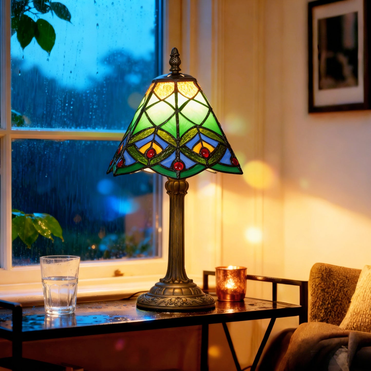 Mamavi Glass And Metal Green Tiffany Style Table Lamp With Geometric Stained Design