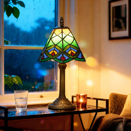 Mamavi Glass And Metal Green Tiffany Style Table Lamp With Geometric Stained Design